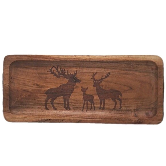 Rustic Wooden Deer Tray 14"x6" Handcrafted Etched Wood Platter VTG Made in India - Picture 1 of 7